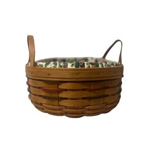 Vtg Longaberger DARNING BASKET With Fabric and Plastic Liner Leather Handles